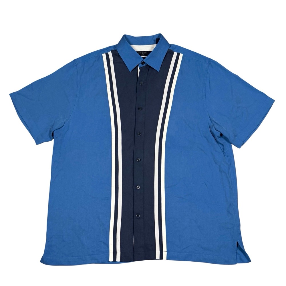 NAT NAST Retro Strom‎ / Naval Blue Stripes Button Front  100% Silk Sz L Shirt